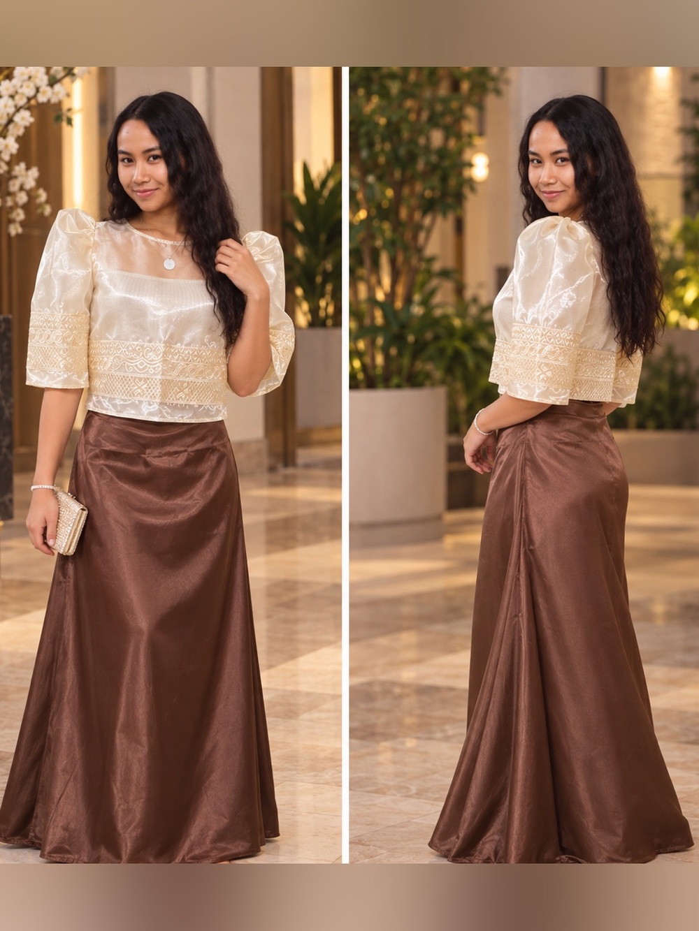 Filipiniana Mestiza Blouse with Satin A-Line Brown Skirt